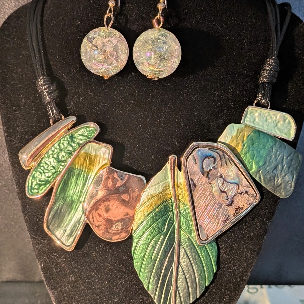 Elegant Green and Gold Leaf Necklace Set- Matches Perfectly With Green Linen Top